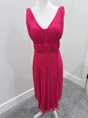 Sleeveless Fuchsia Midi Dress - Elegant Gathered Detail 100% silk chiffon